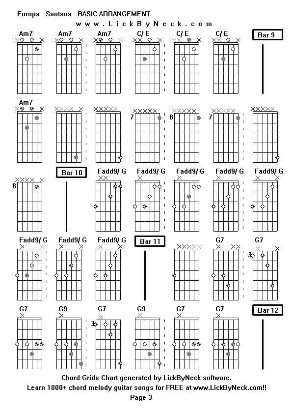 Chord Grids Chart of chord melody fingerstyle guitar song-Europa - Santana - BASIC ARRANGEMENT,generated by LickByNeck software.